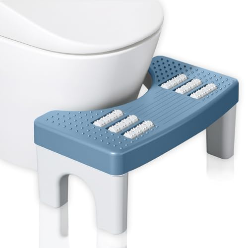 Cnwinu Toilettenhocker Erwachsene, Rutschfester Klohocker, Toilettenhocker Klappbar, WC Hocker mit Massagerädern, Eingedickter Badezimmerhocker für Blähbauch, Verstopfung, Reizdarmsyndrom (Blau)