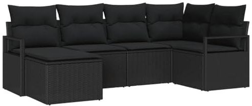vidaXL 6-teiliges Garten-Sofa-Set mit Kissen - Schwarz, Poly-Rattan, wetterfestes Outdoor-Möbel für 5 Personen, modernes Terrassen-Lounge-Set für den Sommer