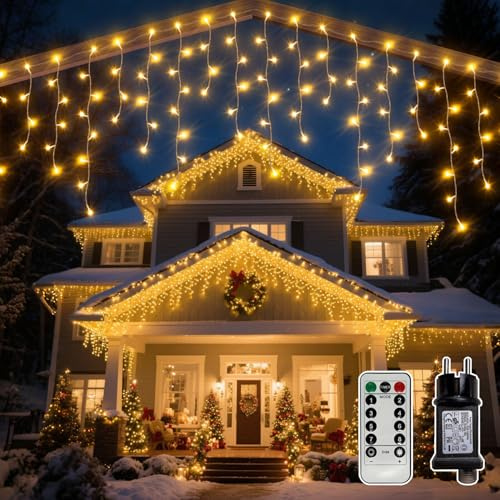 Soagrc Eisregen Lichterkette Außen Warmweiß 306 LEDs, Fernbedienung, 4 Helligkeitsstufen, 8 Modi, Timer, IP44, 7.5m, Weihnachtsbeleuchtung für Balkon, Fenster, Garten