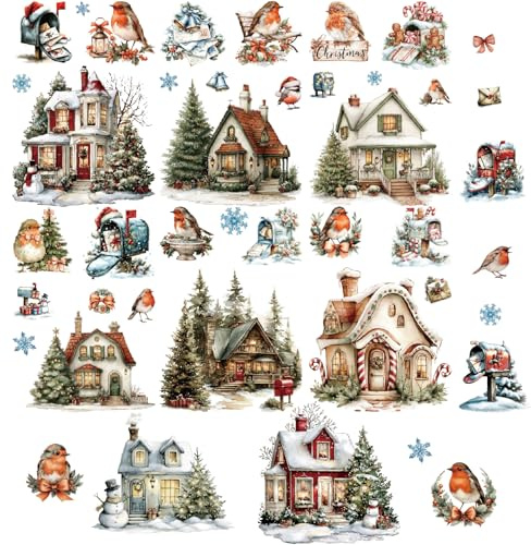 CRASPIRE 8 Sheets Christmas Window Stickers Mailbox Birds Decal Winter Clings Snowflake Tree House Self Adhesive PVC Waterproof Transparent Peel and Stick Xmas for Bedroom Kitchen Home Seasonal Decor