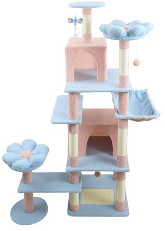 Arbre à chat en forme de fleur de 180,3 cm, grand arbre à chat avec griffoir en sisal, niche pour chat, hamac, coussin à fleurs amovible, centre d'activités pour animaux de compagnie à plusieurs
