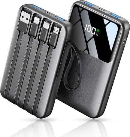 Power Bank Fast Charging 10000mAh, 22.5W Portable Charger Built-in 4 Cables | LED Display, Built-in 4 Cables & 6-Device, PD 3.0 QC 3.0, USB-C In/Out, Compatible with iPhone 17/16/15/14/13/12 iPad