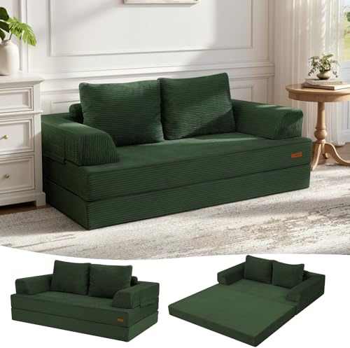 MeMoreCool Convertible Sofa Bed, Corduroy Folding Boneless Couch, Green | Fold Out Floor Couch Sleeper Mattress With Pillows, Boneless Lounge Loveseat For Small Guest Space, Living Room, Bedroom