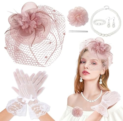 YinnFeen Cappello Fascinator, 6 Pezzi Vintage Fascinator da Donna, Elegante Copricapo con Piume Velo Cappello Tea Party con Pizzo Guanti Gioielli di Perle per Feste Matrimonio Halloween Chiesa