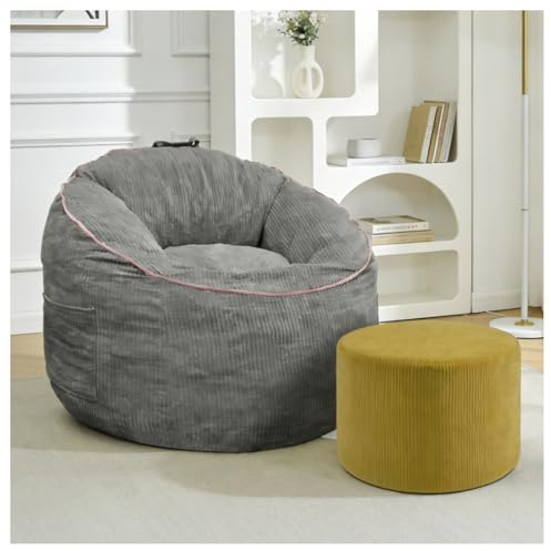 Sitzsack-Sessel mit Schlaffunktion & ergonomischer Kurvenform, grauer Loungesessel mit abnehmbarer Tasche & zylindrischem Hocker, Flanell-Polstermöbel für Wohnzimmer & Leseecke, 103 x 95 x 80 cm