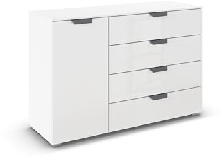 Rauch Möbel ADITIO, Kommode, Farbe Glas Weiß, Breite 120 cm | Sideboard im modernen Look, 1-türig, 4 Schubladen, Glasfront, Soft-Close, für Schlafzimmer, Gästezimmer, Wohnzimmer, Flur