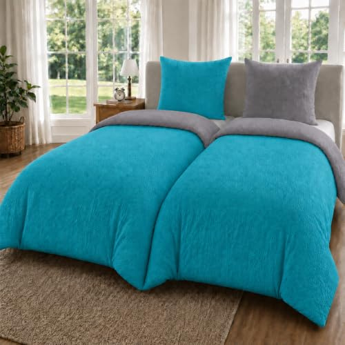 MALIKA 4-teilige Seersucker Bettwäsche 135x200 – Mikrofaser Oeko-TEX, 2 Bettbezüge 135x200 & 2 Kissenbezüge 80x80, Reißverschluss, weich & bügelfrei – Grau-Petrol