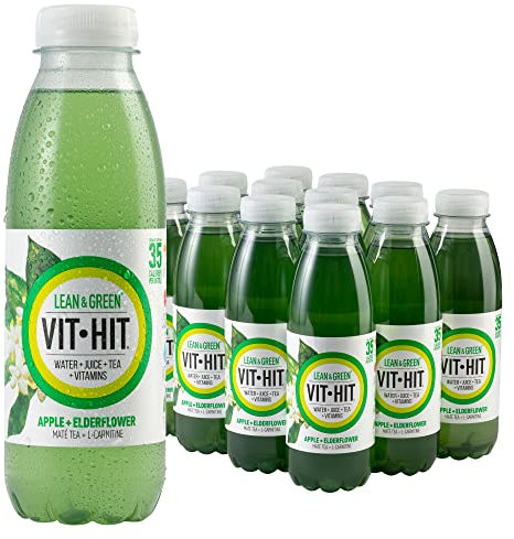 VIT HIT Lean & Green - 12 x Apple + Elderflower + Mate Tea + L-Carnitine | Vegan, Low Sugar, Low Calories, Vitamin Drink | 100% RDA of 8 Vitamins (500ml x 12 Bottles)