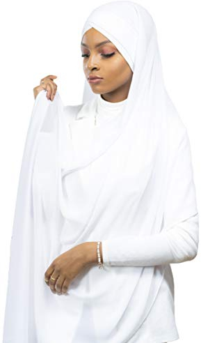 Lamis Hijab - Fertiger Hijab Schal Kopftuch zum Überziehen, gekreuzt, mit integriertem Bonnet-Untertuch, für muslimische Damen, islamischer Schal Gr. Einheitsgröße, weiß