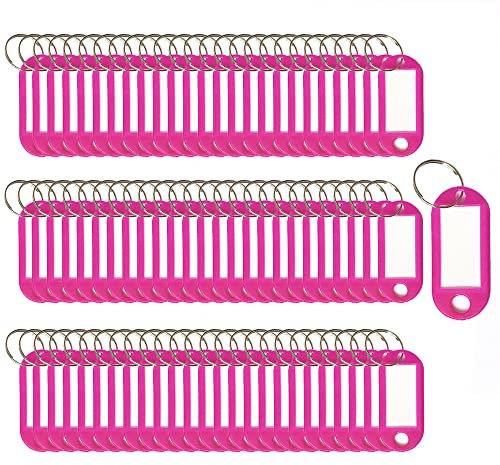 Lot de 100 étiquettes porte-clés en plastique avec anneau fendu, rose rouge, 5 x 2.2cm