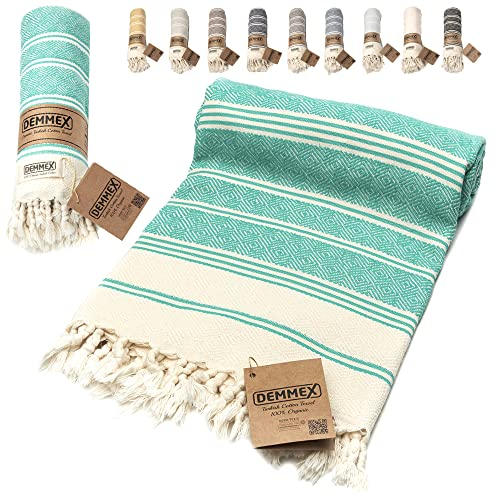 DEMMEX Strandtuch, Badetuch, 100% zertifizierte türkische Bio-Baumwolle, Pestemal, Hamamtuch, Saunatuch, Stranddecke, übergroß schnell trocknend sandfrei kompakt – vorgewaschen, 180x90cm, Nil