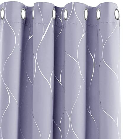 Deconovo Thermal Insulated Eyelet Blackout Curtains Silver Wave Foil Printed Curtains for Windows Light Purple W52 x L72 One Pair