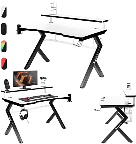 huzaro Hero 5.0 White | Gaming Tisch Schreibtisch Computertisch Bürotisch | 120x60 cm | Monitorständer | Kopfhörerhaken Getränkehalter | Zwei Kabeldurchführung | Carbon Tischplatte | Gamer | Weiß