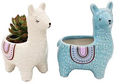 Alpaka Sukkulentententöpfe, 2 Stück Set Tier Pflanzgefäß Dekorative Keramik Pflanzgefäße für Innen Home Decor Wohnzimmer Küche oder Outdoor Garten Weiß und Türkis