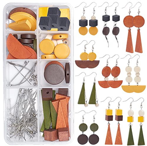 SUNNYCLUE 1 Boîte DIY 10 Paires Perles en Bois Colorées Boucles d'oreilles Faisant Kits Perles Demi-Cercle en Bois Cube Triangle Charmes Pendentifs avec Boucle d'oreille Crochets Anneaux de Saut