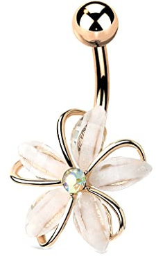 Tata Gisèle Piercing Nombril Banane en Acier Chirurgical 316 L et Oxydes de Zirconium - Délicate Fleur avec Cinq Pétales Acier et Zircons et Zircon Central Rond - (Or Rosé)