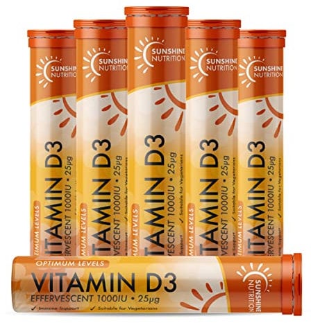Vitamin D Effervescent Tablets - Dissolvable High Strength Vitamin D3-20 Vitamins Per Tube (6 Pack) from Sunshine Nutrition Brand