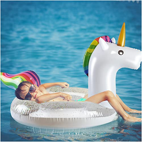 QuFrotty Medium Swimming Ring Pool Float for Girls, Flamingo Shape Inflatable Pool Float with Glitters, Inflatable Lounge Raft Tube Swimming Ring Summer Pool Toys for Kids (Unicorn, Medium)