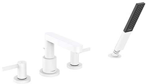 hansgrohe Finoris 76443701 Moderne 2-Griffe, 25,4 cm breit, römischer Wannenfüller, freistehend, Badewannenarmatur und Duschset in mattem Weiß