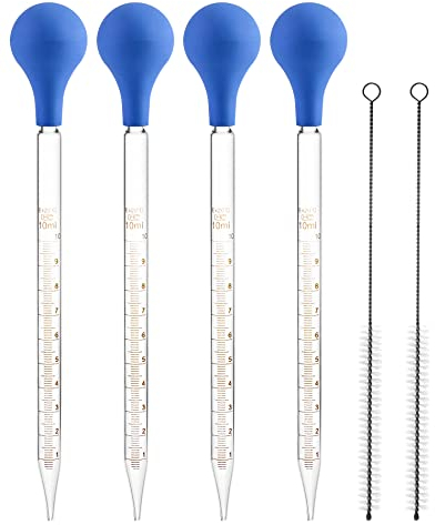 QWORK 4 Stück Glas Pipette Dropper 10ml, Glaspipette mit Gummi Saugnapf + Reinigungsbürste x2
