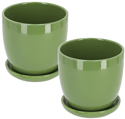 KOTARBAU® 2er Set Keramik Blumentopf Übertopf für Blumen Pflanzen ⌀ 17 cm mit Tropfschale Grün