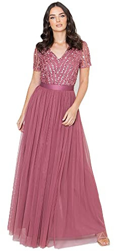 Maya Deluxe Women's Maxi Dress Ladies Bridesmaid V-Neck Ball Gown Short Sleeves Long Elegant Empire Waist Wedding, Desert Rose, 8