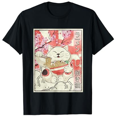 Maneki Neko Katze Isst Ramen Nudeln Japanische Winkekatze T-Shirt