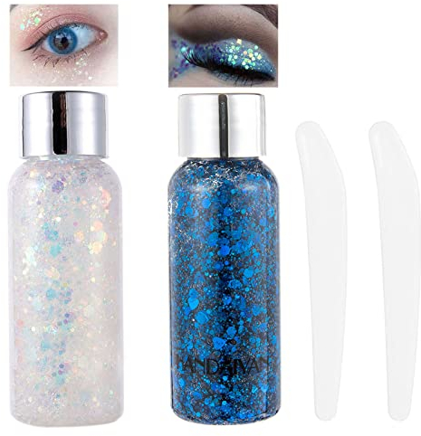 KöRper Glitzer Gel Liquid Face Body Festival Mermaid Sequins Chunky Glitter Gesicht Haar Make-up Long Lasting Sparkling Mit 1 LöFfel Weiß+Blau
