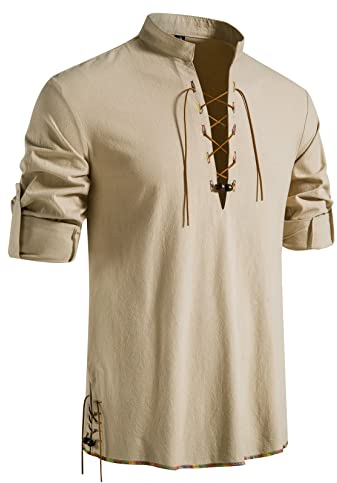 LucMatton Herren Retro Schnürung Mittelalter Kostüm Shirts für Halloween Cosplay Wikinger Pirat Steampunk Vampir Renaissance Gothic Viktorianische Kleidung Khaki X-Large