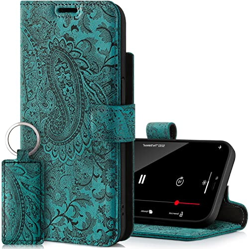 SURAZO Premium Handyhülle für Apple iPhone 14 Pro Max Hülle Leder – Klappbare Echtleder Schutzhülle [mit Magnet, Kartenfach, RFID Schutz, Blumenmuster] Klapphülle Wallet Case Cover Lederhülle (Türkis)