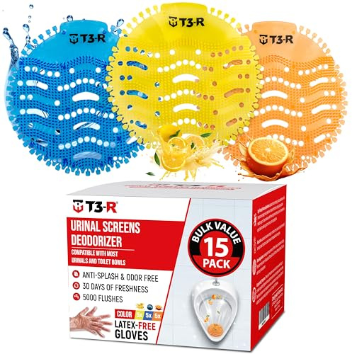 Urinal Screen Deodorizer - 15 Pack Scented Urinal Cakes with Anti-Splash Odor Protection for Toilet, Bathroom, Schools, Office, Hotels Restaurants & Airports (Ocean Breeze/Lemon/Orange)