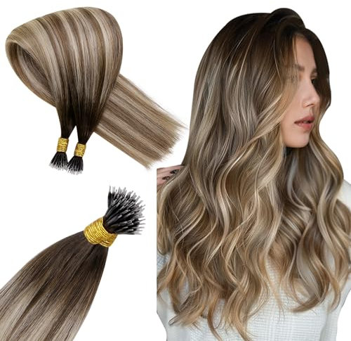 Hetto Echthaar Nanoring Extensions Balayage Blond Nanoring Haarverlangerung Remy Nano Ring Echthaar Extensions Dunkelbraun Mix Aschbraun und Mittelblond 55cm 50g