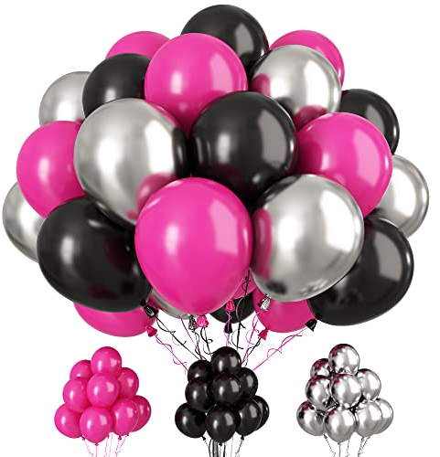 Palloncino rosa caldo e neroi, 30 pezzi da 12 pollici di Palloncini in lattice rosa caldo e argento con nastri per il fidanzamento delle ragazze di matrimonio Doccia da pittura Decorazione di laurea
