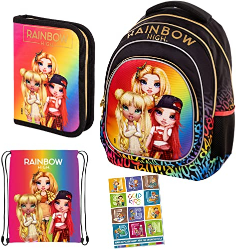 Goldkids Set 4er Schulrucksack Rucksack Federmappe Turnbeutel Aufgabenheft Rainbow High Motiv geeignet ab der ersten Klasse der Grundschule