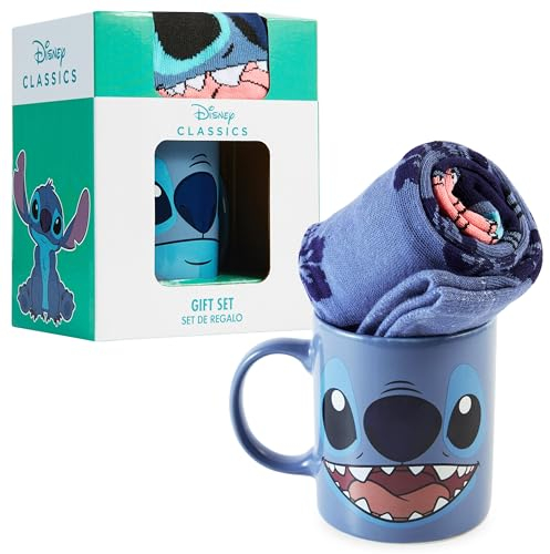 Disney Tasse Stitch - Coffret Cadeau Tasse Mug et Chaussettes - Idée Cadeau Stitch Mickey Minnie Marie Aristochats (Bleu foncé Stitch)