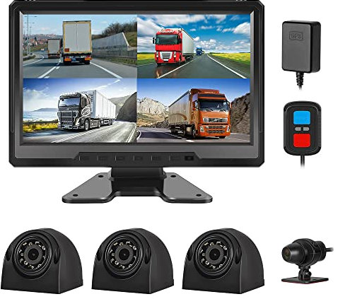 VSYSTO 4CH 1080P Truck Dash Cam, 10.1'' Monitor Vehicle Reversing Camera Front & Side&Rear Cam,GPS,Infrared Night Vision Lens, Temperature Sensor,for Semi Trailer Truck Van Tractor RVs Support Max 1TB