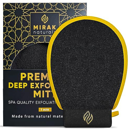 Mirak Naturals DEEP EXFOLIATING MITT - PREMIUM Body Scrubber - Kessa Exfoliating Glove | Double Sided Bath Shower Scrubber | Fake Tan Remover Mitt (Black 1 PC)