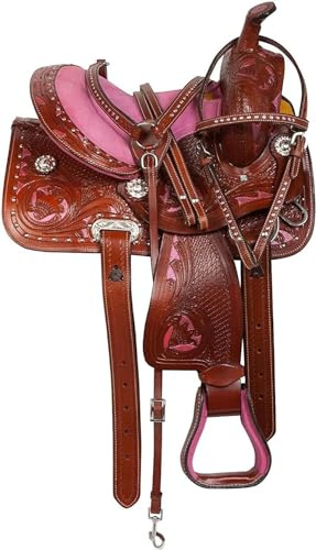 Western Barrel Racing Horse Show Sattel mit Blumenverzierung, Rosa, 25,4 cm bis 45,7 cm, mit passendem Lederhalfter, Brustkragen, ReinsME-WLS-121 (43,2 cm Sitz)