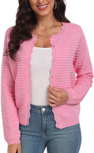 PCEAIIH Women's Lightweight Hollowed-Out Cardigan Autumn Long Sleeve Button Down Sweater Casual Outwear Knitwear M Pink