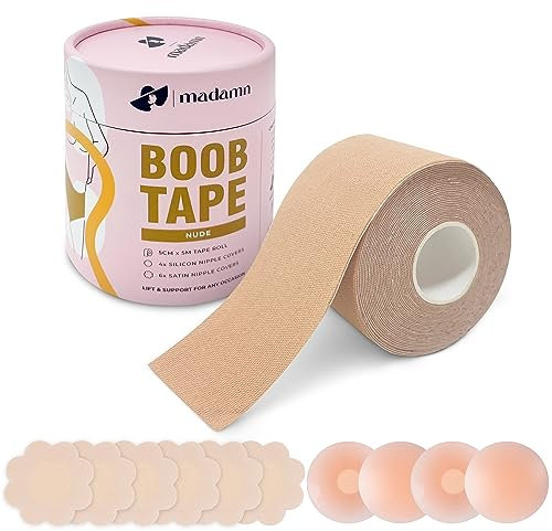 Farla Medical Madamn Boob Tape Set for Women, 5m Extra Long Roll Boobtapes with Nipple Covers, Adhesive Bra for Multipurpose, Breast Lift & Support for any Occasion - Nude - 1 Pack