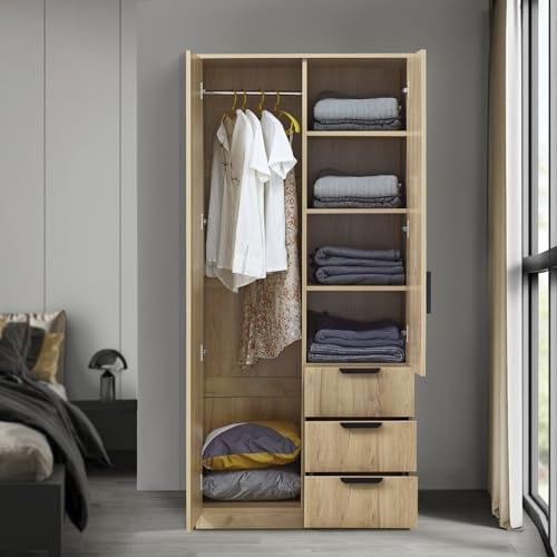 [en.casa] Kleiderschrank Eiselfing Schrank mit 2 Türen Garderobenschrank 176 x 80 x 52 cm Schlafzimmerschrank 1 Kleiderstange 4 Fächer 3 Schubladen Eicheoptik
