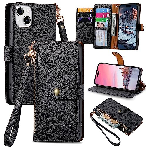 VEEMOS Zipper Wallet Case for Apple iPhone 14 Phone Case with Purse Card Holders RFID Blocking Leather Flip Case Book Cover Wrist Strap Women - Black
