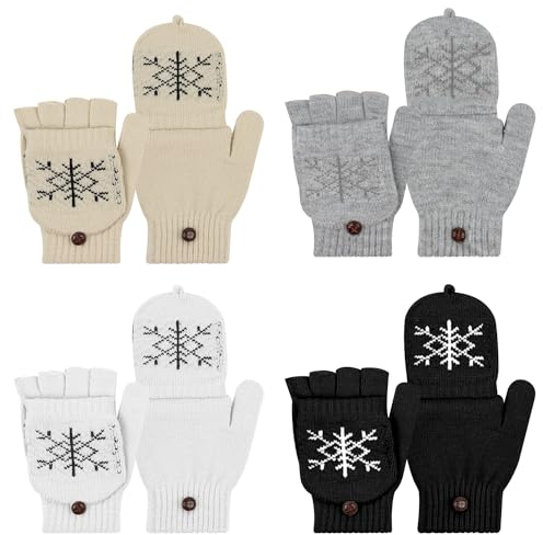 agctrler 4 Paar Damen Fingerlos Handschuhe, Halbfinger handschuhe mit klappe damen, Wollhandschuhe damen