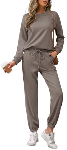 REORIA Damen Tracksuit Langarm Rundhalsausschnitt Einfarbig Zweiteiler Outfit Hoodie Jogger Trainingsanzug Set Sweatshirt & Jogginghose Grau M