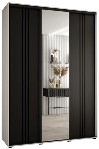 MEBLE KRYSPOL Davos 7 170 Schlafzimmerschrank mit DREI Schiebetüren - Moderner Aufbewahrungsschrank mit Spiegel, Kleiderstange und Regalen - 235,2x170x45 cm - Weiß Schwarz Schwarz