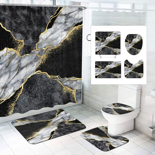 SMchwbc Marmor Duschvorhang 180x180 180x200 Marmor Schwarz Gold grün Muster Textil Duschvorhänge Set Polyester Marmor Shower Curtains Badezimmerteppich 4-teiliges Set (180 x 200 cm(BxH),7)