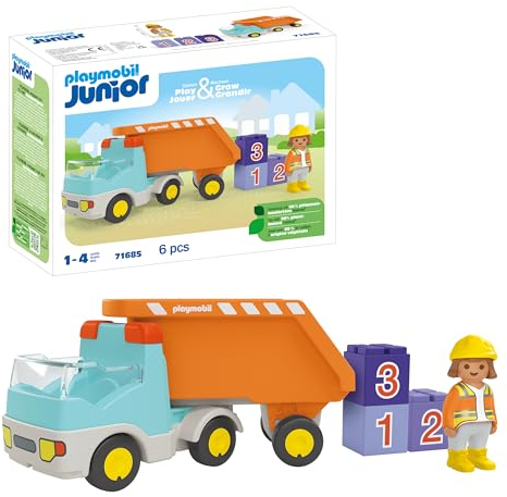 PLAYMOBIL 71685 JUNIOR: Dump Truck, including construction worker and three stackable stones, sustainable toy made from plant-based plastics, gifting toy, play sets suitable for children ages 1+