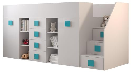 MEBLE KRYSPOL Toledo 3 Hochbett für Kinder, Jugendliche mit Stauraum - Etagenbett mit Schreibtisch, Kleiderschrank, Regal, Schubladen, Treppe - 248,5x93x123 cm - Weiß, Weiß, Türkis