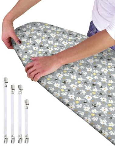 Ironing Board Cover - Universal Fit - 120 x 40cm + 4 pack Ironing Board Fitting Clips (White Flower Bees)
