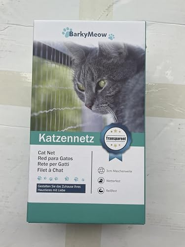 BarkyMeow Filet de Balcon pour Chats, Filet de Balcon sans Perçage, Barrière de Fenêtre pour Chats, Filet de Protection pour Chats pour Balcons, Terrasses, Portes, Lucarnes (4x3m Transparent)
